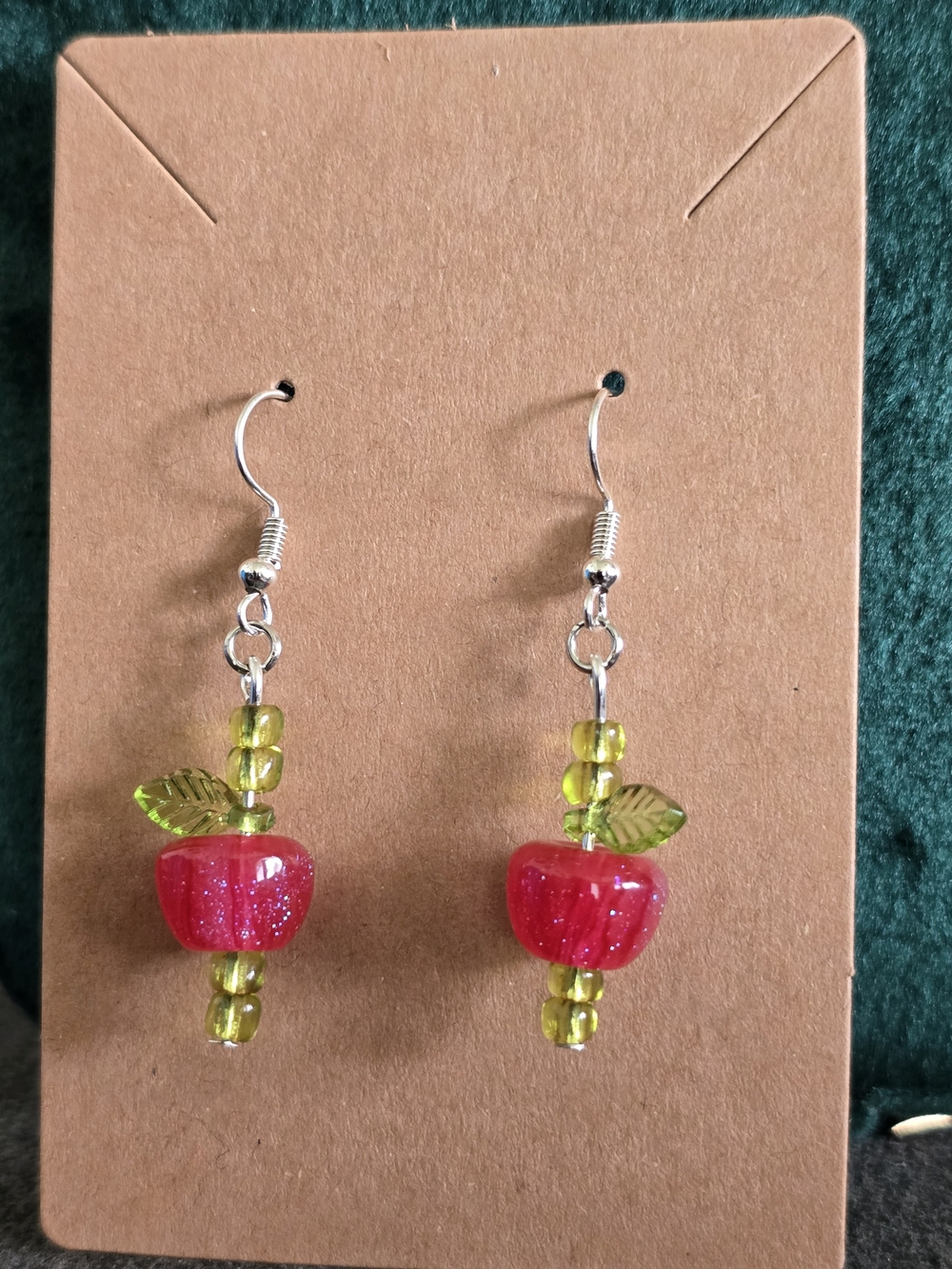Glitter Apple Glass Dangle Earrings with Green Leaves Handmade 3 COLORS - Picture 6 of 12